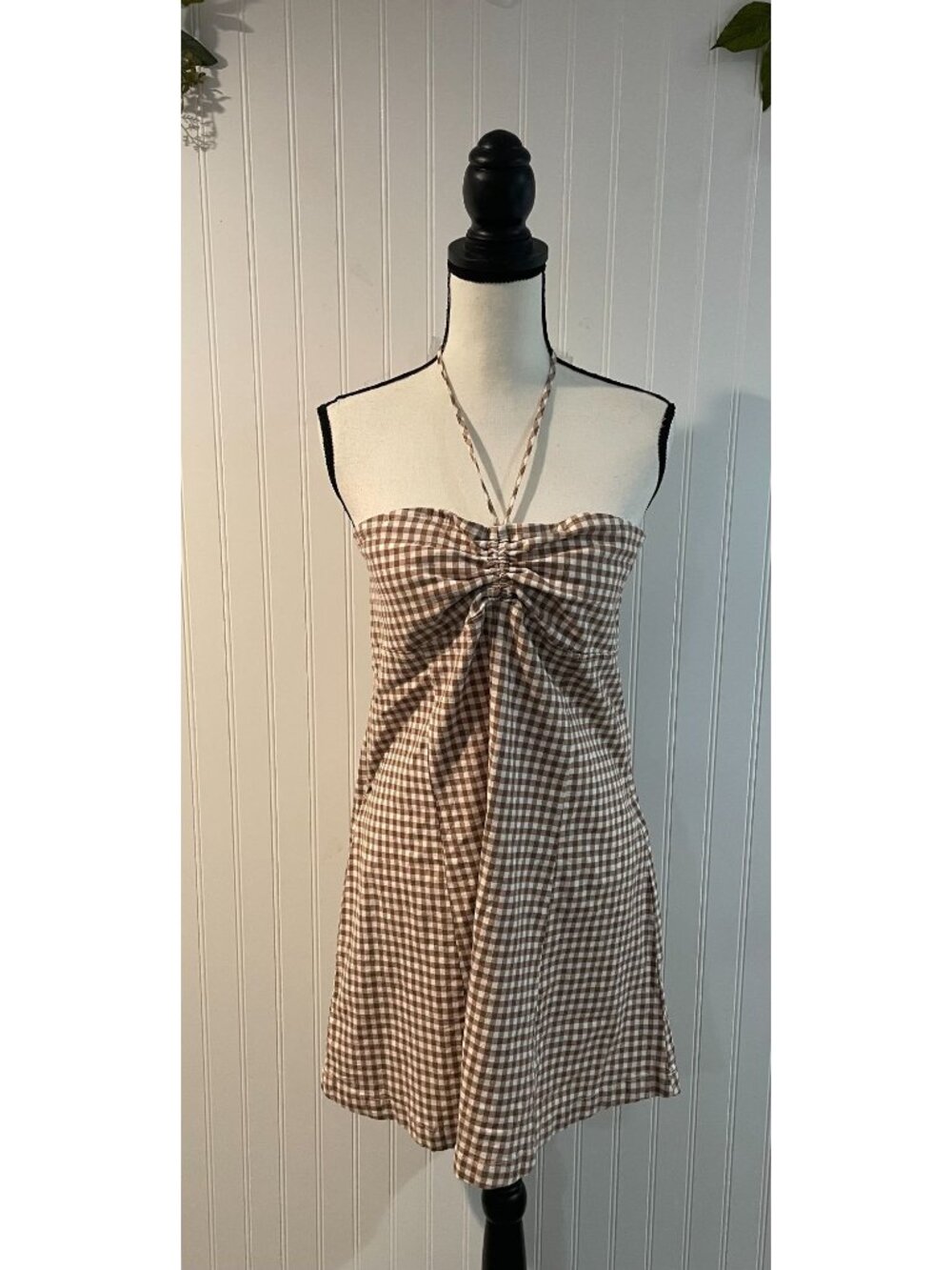Kinchi Blue Gingham Halter Mini Dress With Ruched Front Detail Size XL